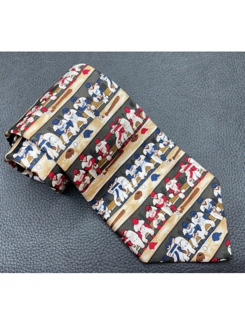 100% Silk Alynn Neckwear Mens Tie Made In USA Blue Red Baseball Bull Pen